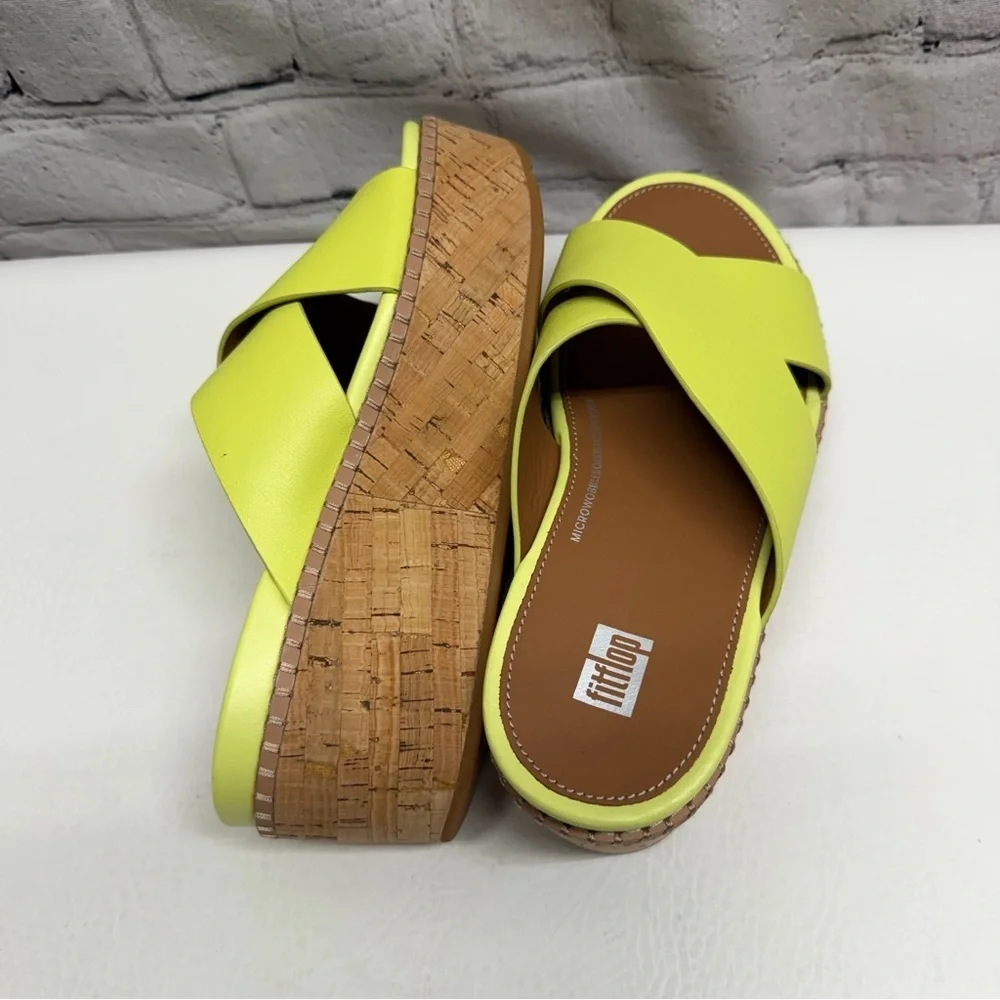Fitflop Eloise leather Neon Lime Crisscross Platform Slide Sandals size 6 nwot